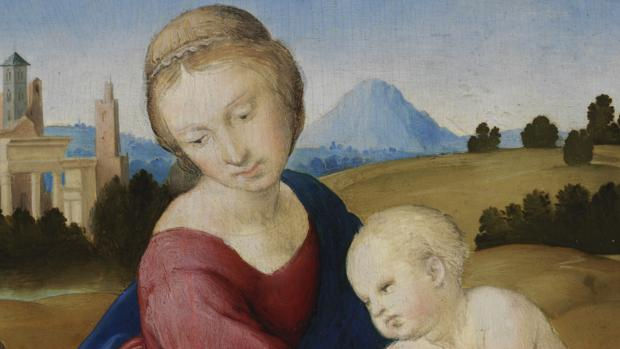 Rafael. La Virgen y el Niño con san Juan Bautista, c. 1508 Tempera and oil on panel. 28.5 x 21.5 cm. Budapest, Museum of Fine Arts