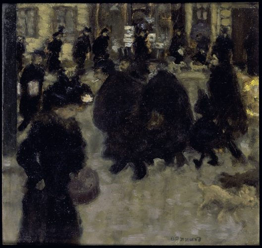 Pierre Bonnard Gente en la calle (Personnages dans la rue), ca. 1894 Oil on paper mounted on panel 24 x 25 cm. Private collection.