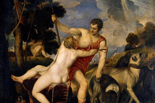Venus y Adonis. 1554. Tiziano. Única obra de las poesías que pertenece al Prado