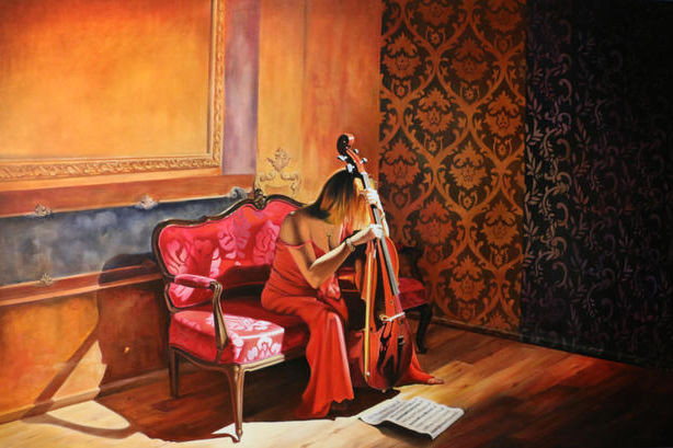 Mujer de rojo con violonchelo. Pedro Baos