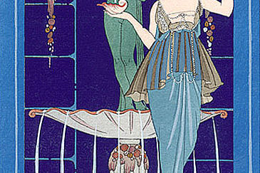 Illustration by George Barbier of an evening dress by Jeanne Paquin, published in the Gazette du Bon Ton in 1914